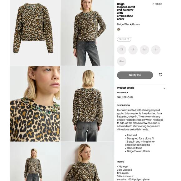 Essential Antwerp Wool Cashmere Leopard Beaded Neckline Sweater S - Picture 3 of 12